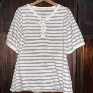 Talbots Tan and White Striped Blouse with Lace-Up Detail
